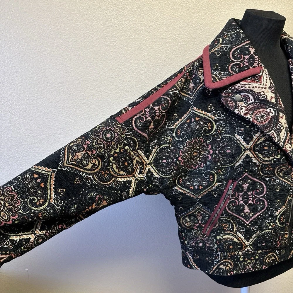 Free People Women's Small Tapestry Labyrinth Moto Jacket Bohemian‎ Hipster Chic